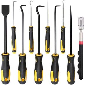 10Pcs Precision Pick & Hook Set with Scraper and Magnetic Telescoping Tool Kit Mechanic Hook Picks Tools Set for Remove Automotive Electronics Maintenance Hoses Gasket Hand Pick Up Tools