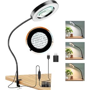 HITTI 10X Magnifying Glass with Light and Clamp, 3 Color Modes Stepless Dimmable Lighted Magnifying Lamp, Flexible Gooseneck LED Magnifier with Light for Craft Hobby Painting Close Work
