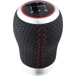 Arenbel 5 Speed Shifter Knobs Red Stitched Leather Shift Lever Gear Stick Handle Knob Replacement Fit Most Manual Trucks Cars, Black