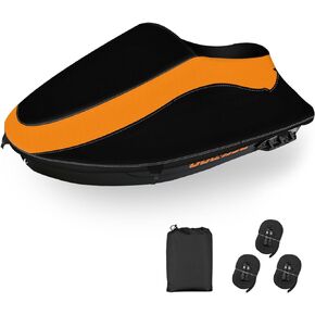 Trailerable Jet Ski Cover,Waterproof Tear and Fade Resistant Cover with 3 Windproof Buckles & Reflective Air Vent, Fits from 126" to 135" 3 Seater(Black&Orange)