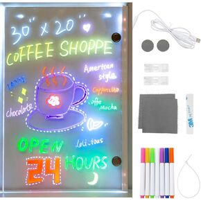 LED Message Writing Board - 24"x8" Acrylic Magnetic Dry Erase Board, Hangable Neon Effect Menu Sign Board, Illuminated Drawing Board Perfect for Home Wedding Shop Cafe Bar Decoration Promotion