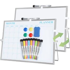 White Board, Jorking Dry Erase Calendar 16"x12" Magnetic Desktop Whiteboard with Stand, Monthly whiteboard for Wall Portable Double-Sided Dry Erase Board for Kitchen, Office, School, Gift idea, Silver