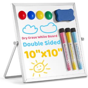 Small Dry Erase Board, 10" X 10" Small Whiteboard with Stand, Portable Magnetic Tabletop Erase Board for Kids Drawing, Desktop for Students Kids Home Office