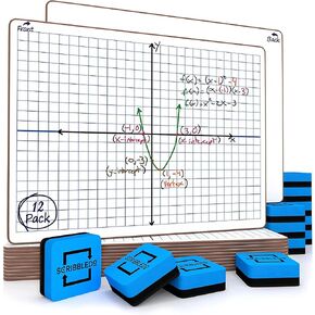 Scribbledo 12 Pack Dry Erase XY Axis Graph Lap Boards 9" X 12" for Student and Classroom Use, Math White Board - Double Sided White Boards with 12 Erasers Included