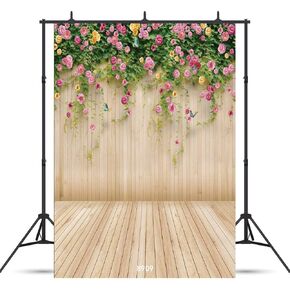 WOLADA 10x10FT Flower Wall Backdrop Spring Backdrop Spring Floral Photo Backdrop Brown Wood Plank Flower Wall Photography Backdrop Girl Birthday Party Wedding Shower Photography Background 8909