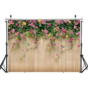 WOLADA 10x10FT Flower Wall Backdrop Spring Backdrop Spring Floral Photo Backdrop Brown Wood Plank Flower Wall Photography Backdrop Girl Birthday Party Wedding Shower Photography Background 8909