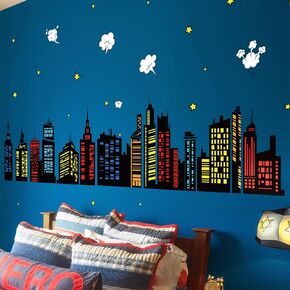 decalmile Colorful City Skyline Wall Decals Hero City Building Stars Wall Stickers Bedroom Playroom Toddler Room Wall Decor