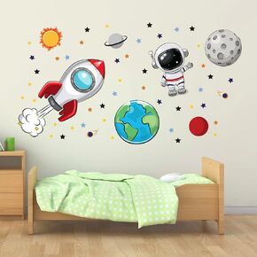 Space Wall Decal, Astronaut Spacecraft Nursery Wall Decor, Galaxy Solar System Planet Baby Boy Nursery Decor, 50"W x 27"H Space Decor for Boys Room, Rocket Cosmonaut Spaceship Star Nursery Decor,