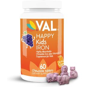 مكمل الحديد للأطفال من Happy Kids، خالي من السكر، نكهة العنب الرائعة، على شكل ممتع، 60 قرصًا قابلاً للمضغ، للأعمار من 4 سنوات فما فوق، سهل الاستخدام in Kuwait