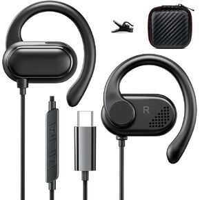 سماعة رأس USB C مع ميكروفون سلكي من النوع USB-C سماعات أذن لهاتف iPhone 15 Pro Max Samsung S24 Ultra S24+ S23 S22 S21 FE Note 20 سماعات أذن مفتوحة سماعة رأس للتحكم في مستوى الصوت قابلة للتدوير سماعة أذن رياضية