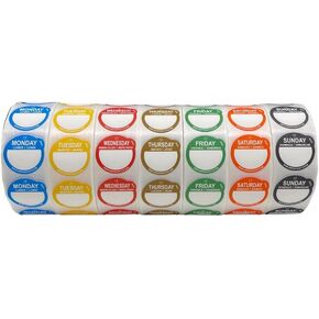 Removable Day Label - 1 inch - Peel Tab - Week (Mon-Sun) (7000 Stickers) - Food and Restaurant Day Dots - FIFO - Inventory Management Labels - Meal Prep Stickers - Gift Tags