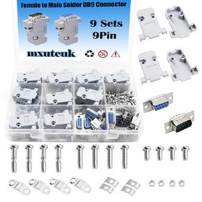 mxuteuk 9 Sets DB9 9 Pin Solder Type Connectors Kit,Female to Male and Gray Plastic Hoods Complete Set of Crimp Connector Assortment Kit MX-DB9