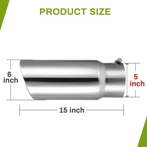 AUTOSAVER88 5 Inch Inlet Exhaust Tip, 5" Inlet 6" Outlet 15" Overall Length Chrome-Plated Finish Stainless Steel Exhaust Tail Tip for 5" Outside Diameter Tailpipe, Rolled Angle Cut, Bolt-On, Polished in Saudi Arabia