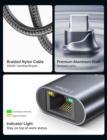 محول JSAUX USB C إلى Ethernet 2.5 جيجا، محول إيثرنت للكمبيوتر المحمول، النوع C (Thunderbolt 4/3) إلى محول شبكة LAN RJ45، محول شبكة 2.5 جيجابت متوافق مع MacBook Air/Pro، Dell XPS، NAS in Saudi Arabia