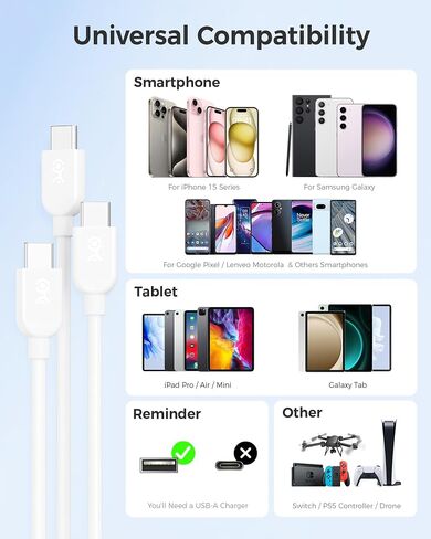 Cable Matters 3-Pack كابل USB A إلى USB C فائق المرونة بطول 6 أقدام باللون الأبيض، يدعم Apple CarPlay، Android Auto، كابل شحن USB إلى USB C لهاتف iPhone 15/15 Pro/15 Plus/15 Pro Max، Galaxy S23 in Saudi Arabia
