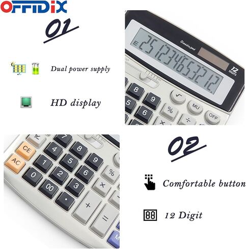 OFFIDIX الآلات الحاسبة المكتبية آلة حاسبة سطح المكتب، الآلات الحاسبة الأساسية، البطارية الشمسية آلة حاسبة إلكترونية مزدوجة الطاقة المحمولة 12 رقمًا كبيرًا بشاشة LCD كبيرة الحجم in Saudi Arabia