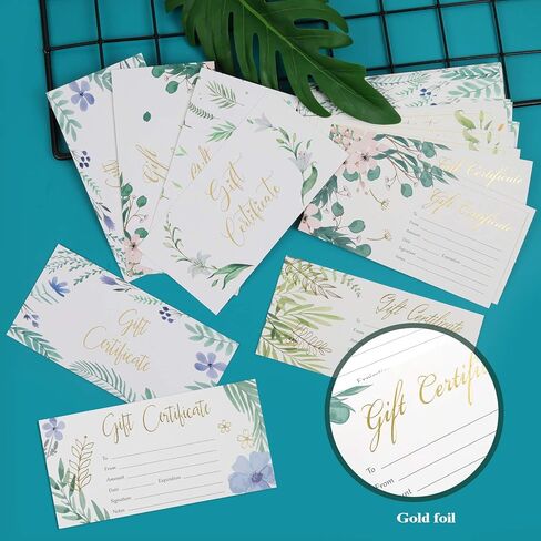 100 قطعة من شهادات الهدايا الفارغة للشركات الصغيرة، قسيمة ورقية لشهادات الهدايا من رقائق الذهب الذهبية، وبطاقات عمل لصالونات التجميل والمطاعم والمنتجعات الصحية وبطاقة قسيمة فريدة له ولها in Kuwait