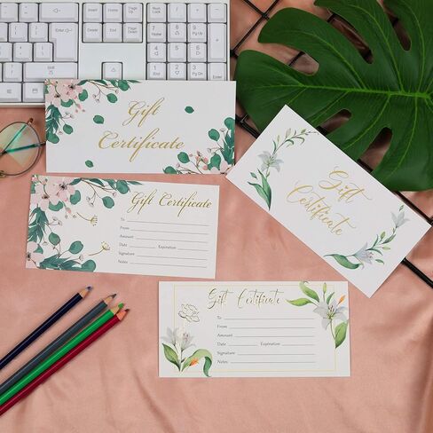 100 قطعة من شهادات الهدايا الفارغة للشركات الصغيرة، قسيمة ورقية لشهادات الهدايا من رقائق الذهب الذهبية، وبطاقات عمل لصالونات التجميل والمطاعم والمنتجعات الصحية وبطاقة قسيمة فريدة له ولها in Kuwait