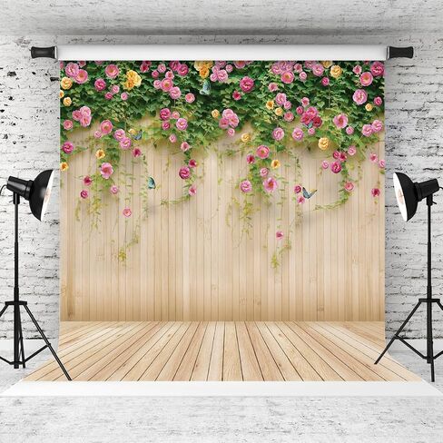 WOLADA 10x10FT زهرة جدار خلفية الربيع خلفية الربيع الأزهار صورة خلفية البني الخشب لوح زهرة جدار التصوير خلفية فتاة عيد ميلاد حفل زفاف دش التصوير خلفية 8909 in Kuwait