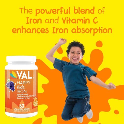 مكمل الحديد للأطفال من Happy Kids، خالي من السكر، نكهة العنب الرائعة، على شكل ممتع، 60 قرصًا قابلاً للمضغ، للأعمار من 4 سنوات فما فوق، سهل الاستخدام in Kuwait