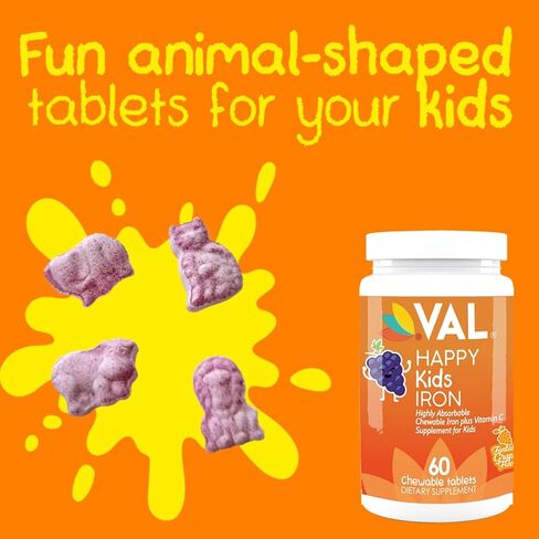 مكمل الحديد للأطفال من Happy Kids، خالي من السكر، نكهة العنب الرائعة، على شكل ممتع، 60 قرصًا قابلاً للمضغ، للأعمار من 4 سنوات فما فوق، سهل الاستخدام in Kuwait