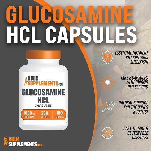 BULKSUPPLEMENTS.COM كبسولات الجلوكوزامين HCl - الجلوكوزامين 1000 مجم، مكمل الجلوكوزامين، كبسولات الجلوكوزامين - مكملات المفاصل، خالية من الغلوتين، 2 كبسولة لكل وجبة، 360 كبسولة in Kuwait