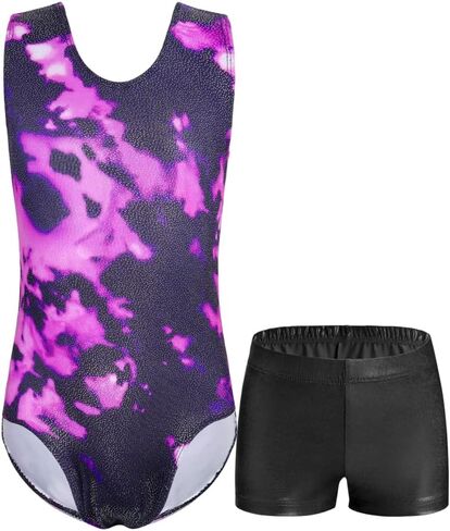 Domusgo Girls Gymnastics Leotards Set One Piece Sleeveless Tumbling Outfits with Matching Shorts Size 5-12 Years Old in Kuwait