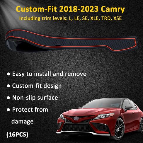 TOPINSTALL أكسسوارات Camry المتوافقة مع ملحقات Toyota Camry 2018-2024، سجادات حامل الأكواب غير القابلة للانزلاق، وسادات جيب الباب، بطانات مطاطية لوحدة التحكم المركزية - حافة حمراء (16 قطعة) in Kuwait
