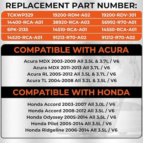 مجموعة حزام التوقيت، مع مجموعة حزام توقيت مضخة المياه المتوافقة مع Honda Accord Odyssey Pilot Ridgeline Acura MDX RL TL 3.0L 3.2L 3.5L 3.7L. استبدال # TCKWP329 TKH-002 19200-RDV-J01 14510-RCA-A01 in Kuwait