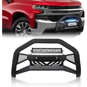 Bull Bar with LED Light Bar & License Plate Frame Compatible for 2019-2023 Chevy Silverado 1500 & GMC Sierra 1500 Front Grill Guard Grille, Truck Brush Guard, Bumper Push Bar, Skid Plate