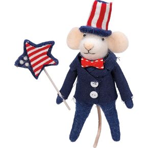 Primitives by Kathy Collectible Critter - Uncle Sam Mouse, Holding red White Blue Flag Star in Adorable Patriotic Outfit and top hat