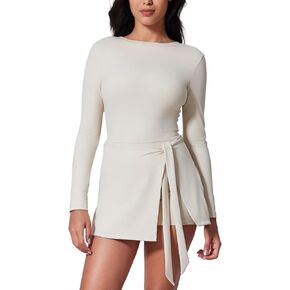 Womens Tennis Dress Long Sleeves Yoga Golf Athletic Dresses Ruffle Side Slit Workout Dress Built in Shorts