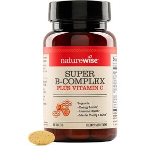 مجمع Naturewise Super Vitamin B للنساء والرجال - مع فيتامين C ، وحمض الفوليك B1 B2 B6 B12 - يدعم الطاقة الخلوية والوضوح العقلي - نباتي ، غلوتين ومنتجات الألبان ، غير محلي - 60 أقراص