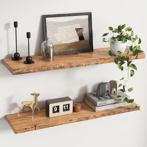 أرفف خشب العفو العائمة الريفية للجدار ، الحافة الحية 36 "W × 9.3" D X 1.5 "H ، مجموعة من 2 مع قوس غير مرئي ، أرفف تخزين مثبتة على الحائط لزخارف غرفة نوم غرفة المعيش