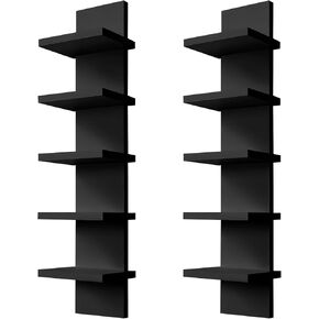 2 Pack 5 Tier Wall Shelf Unit - Narrow Smooth Laminate Finish - Vertical Column Wall Decor Mount Floating Storage Home Decor Organizer Tall Tower Utility Shelf for Bedroom, Living Room(Black)