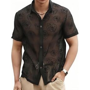 Men's Sheer Mesh See Through Rose Floral Pattern Button Front Short Sleeve Collared Party Shirts Top