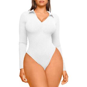 FeelinGirl Women's Deep V Neck Thong Bodysuit Long Sleeve Tops Bodysuit Long Sleeve Pack Tummy Control Shapewear