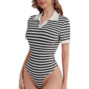 Women's Striped Polo Bodysuit Soft Breathable V-Neck Collared Short Sleeve One Piece Tops for Casual Office Wear