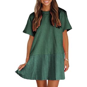 EXLURA Womens Summer Casual Short Sleeve Dress Crewneck Tshirt Dresses Pleated Aline Mini Dress 2025 Vacation Beach Sundress