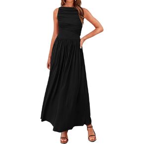 BTFBM Women Casual Dress 2025 Summer Sleeveless Ruched Maxi Dresses Boat Neck High Waist Lightweight Tank Dress Pockets