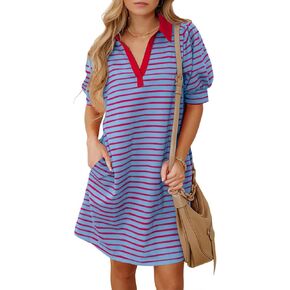 Blencot Women's Polo v Neck Dert Tirt Driticled Dress Summer Puff Short Sleeve Midi Dresses