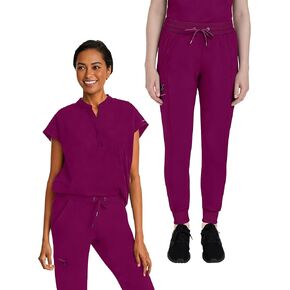 شفاء الأيدي الفرك للنساء مجموعة الرحلة Top 2152 Toby Jogger Pant مع حزام مرن 9244 فرك طبي مع 9 جيوب ، نبيذ- أعلى/S Petite Pant