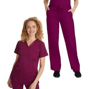 مجموعة فرك الأيدي الشفاء للنساء مع 5 جيوب ، فارس الخامس من أعلى 2278 ، و Taylor Pants 9095 مع تقنية امتداد ثنائية الاتجاه ، النبيذ-L TOP/L TALL PANT