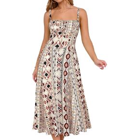 YATHON Women's Summer Midi Corset Boho Dresses Casual Floral Spaghetti Straps Lace Up Dress Flowy Aline Beach Sundress