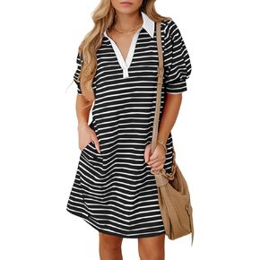 BLENCOT Women's Casual Polo V Neck T Shirt Striped Dress Summer Puff Short Sleeve MIdi Dresses in Saudi Arabia