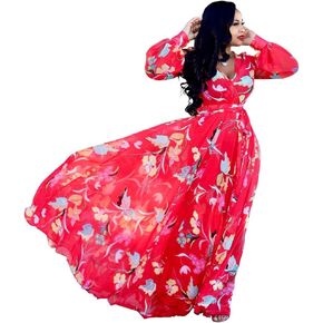 Nuofengkudu Womens Chiffon Deep V-Neck Stripe Print Maxi Dress فريدة من نوع