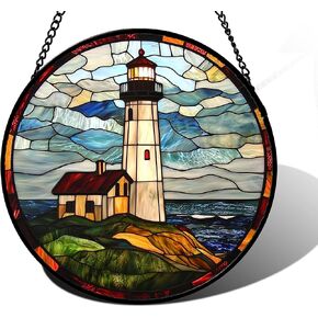 Stained Glass Window Hanging, Ocean Lighthouse Sun Catchers Glass Panel Blue Green Suncatcher Decor for Birthday for Women, Men, Wife, Aunt, and Mom 7.8 in
