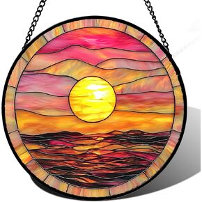 Stained Glass Window Hanging, Sunrise Sea Surface Sun Catchers Diamond Glass Panel Hangings Abstract Suncatcher Decor for Birthday for Women, Men, Wife, Aunt, and Mom 9.8 in