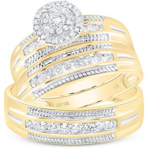 His and Hers Bridal Womens and Mens Engagment and Wedding Band Complete Trio Matching Wedding Rings Set 10K Yellow Gold Round Diamond Halo 5/8 Cttw