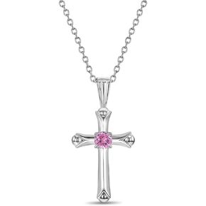 Rhodium Plated Small Pink Cubic Zirconia Plain Cross Pendant Necklace for Girls 16" - Dainty Religious Cross Jewelry for Little Girls - Treasured Jewelry Gifts for Young Girls Communion